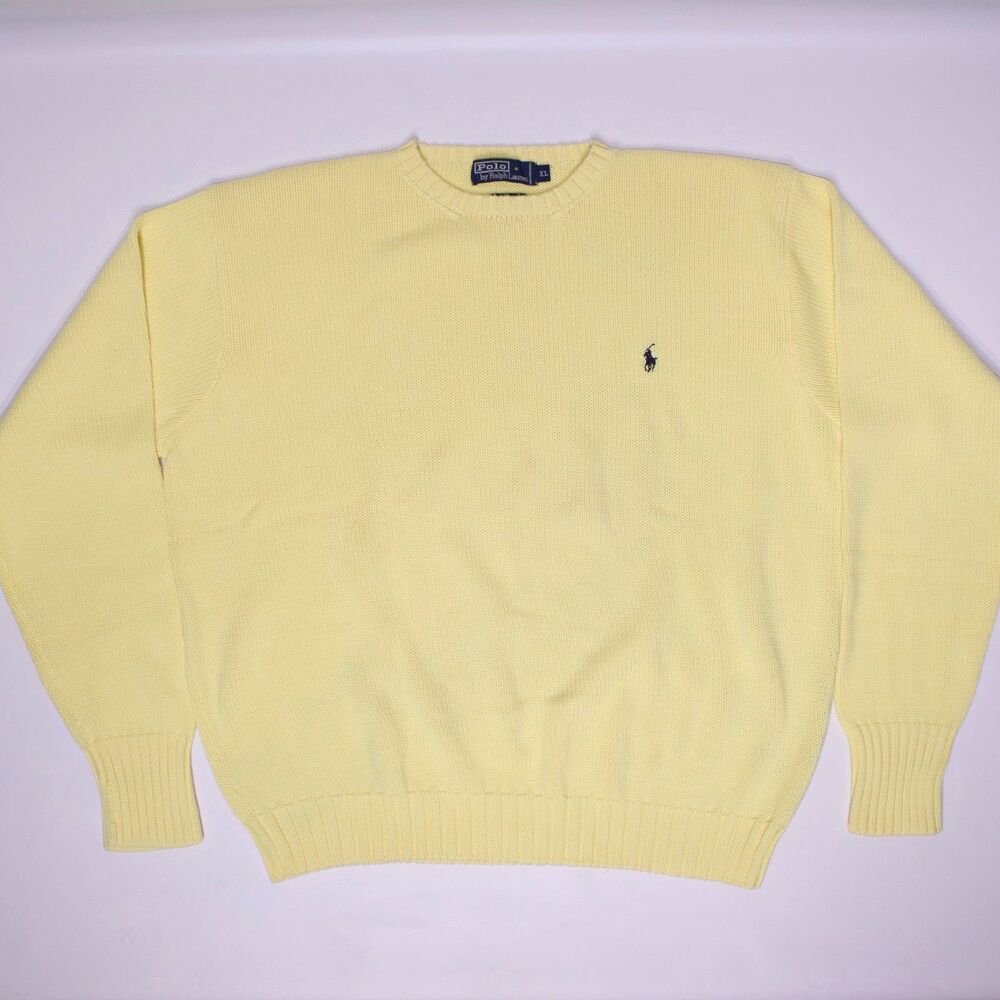 VTG 90s Polo Ralph Lauren Yellow Knit Crewneck Sweater Embroidered Pony Men XL - Picture 5 of 8